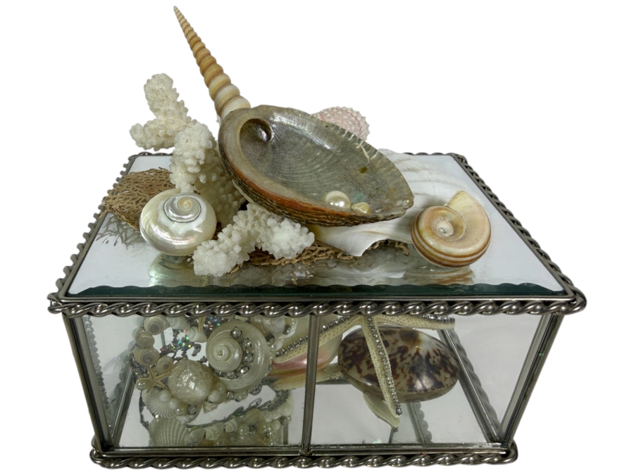 Vintage Artisan Beveled Glass and Brass Box Featuring a Sculpted Sea Shell and Crystal Treasure Assemblage 8'W X 5'D X 4'H Retail $250