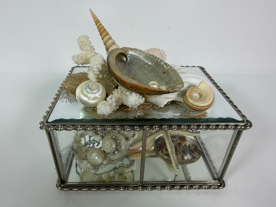 Vintage Artisan Beveled Glass and Brass Box Featuring a Sculpted Sea Shell and Crystal Treasure Assemblage 8'W X 5'D X 4'H Retail $250 [Photo 14]