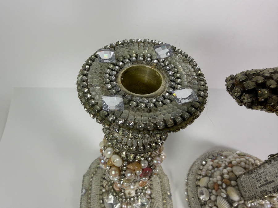 Authentic Royal Warwick 'Fine Silver Plate' Crystal and Seashell Embellished Altar Cross and Candlestick Base Set 10.5'H and 16'H [Photo 8]