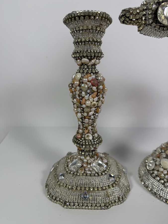 Authentic Royal Warwick 'Fine Silver Plate' Crystal and Seashell Embellished Altar Cross and Candlestick Base Set 10.5'H and 16'H [Photo 6]