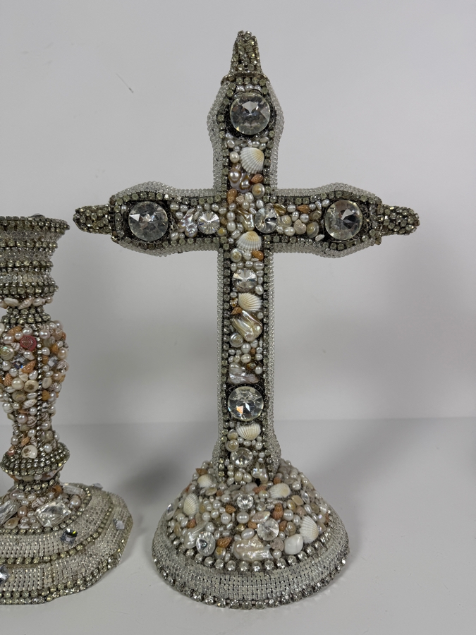 Authentic Royal Warwick 'Fine Silver Plate' Crystal and Seashell Embellished Altar Cross and Candlestick Base Set 10.5'H and 16'H [Photo 2]