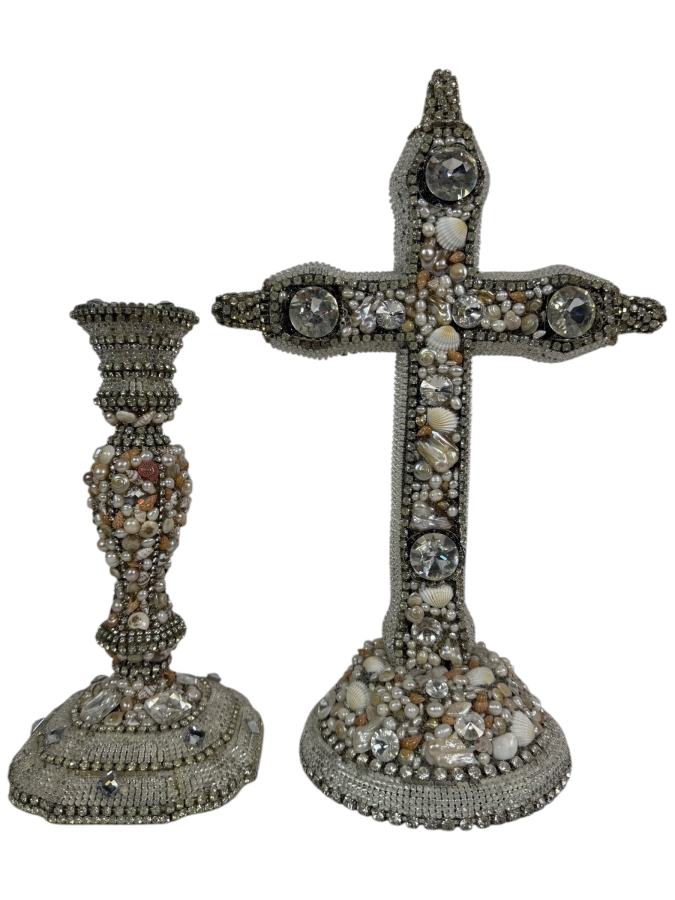 Authentic Royal Warwick 'Fine Silver Plate' Crystal and Seashell Embellished Altar Cross and Candlestick Base Set 10.5'H and 16'H
