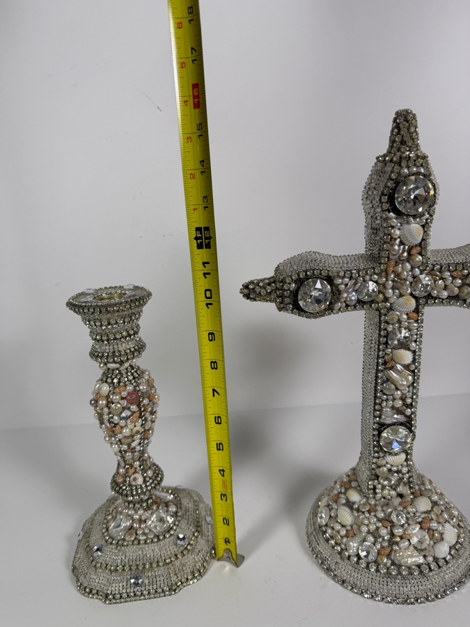 Authentic Royal Warwick 'Fine Silver Plate' Crystal and Seashell Embellished Altar Cross and Candlestick Base Set 10.5'H and 16'H [Photo 11]