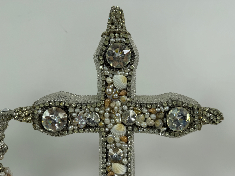 Authentic Royal Warwick 'Fine Silver Plate' Crystal and Seashell Embellished Altar Cross and Candlestick Base Set 10.5'H and 16'H [Photo 5]