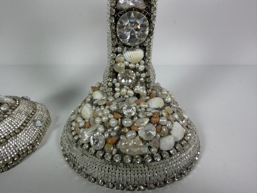 Authentic Royal Warwick 'Fine Silver Plate' Crystal and Seashell Embellished Altar Cross and Candlestick Base Set 10.5'H and 16'H [Photo 3]