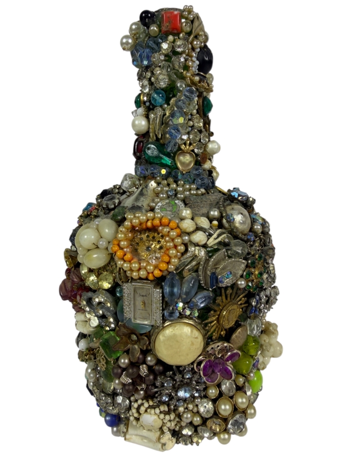 Vintage Mid-Century American Folk Art Costume Jewelry and Watch Fragment Jug Decanter 9'H