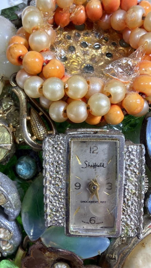 Vintage Mid-Century American Folk Art Costume Jewelry and Watch Fragment Jug Decanter 9'H [Photo 2]