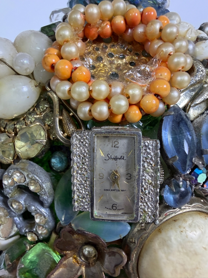 Vintage Mid-Century American Folk Art Costume Jewelry and Watch Fragment Jug Decanter 9'H [Photo 3]
