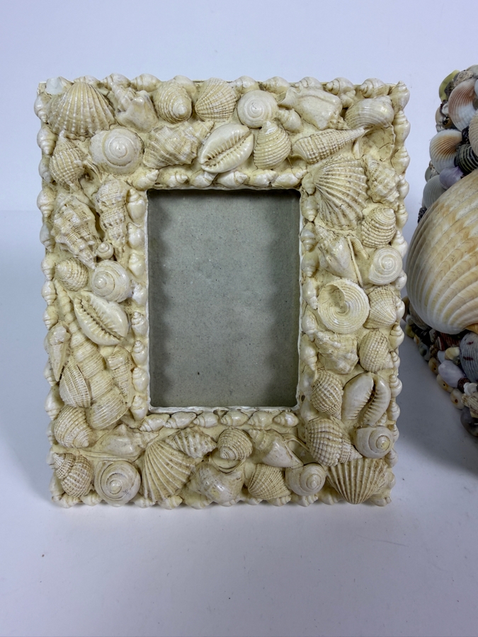 Handcrafted Coastal Tabletop Duo Featuring a Miniature All-White Seashell Picture Frame and a Geometric Shell-Encrusted Tissue Box Cover 6'H [Photo 4]
