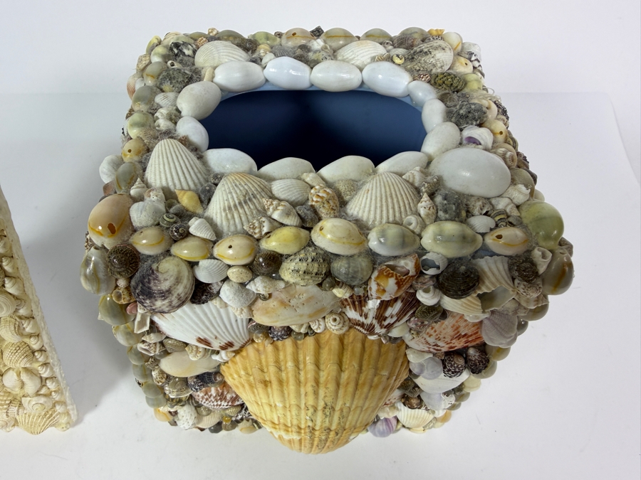 Handcrafted Coastal Tabletop Duo Featuring a Miniature All-White Seashell Picture Frame and a Geometric Shell-Encrusted Tissue Box Cover 6'H [Photo 3]
