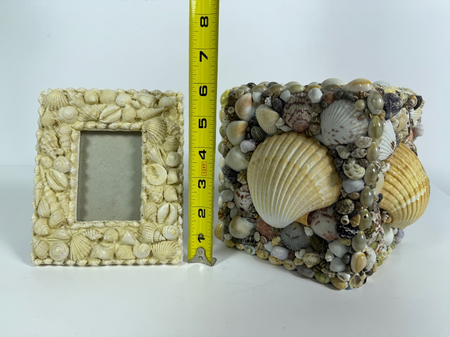 Handcrafted Coastal Tabletop Duo Featuring a Miniature All-White Seashell Picture Frame and a Geometric Shell-Encrusted Tissue Box Cover 6'H [Photo 6]