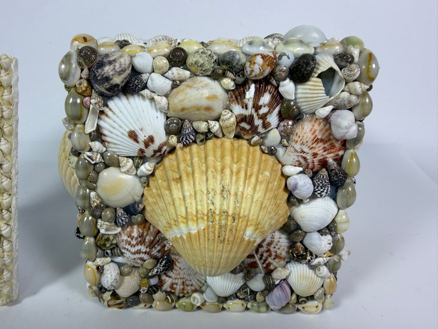 Handcrafted Coastal Tabletop Duo Featuring a Miniature All-White Seashell Picture Frame and a Geometric Shell-Encrusted Tissue Box Cover 6'H [Photo 2]