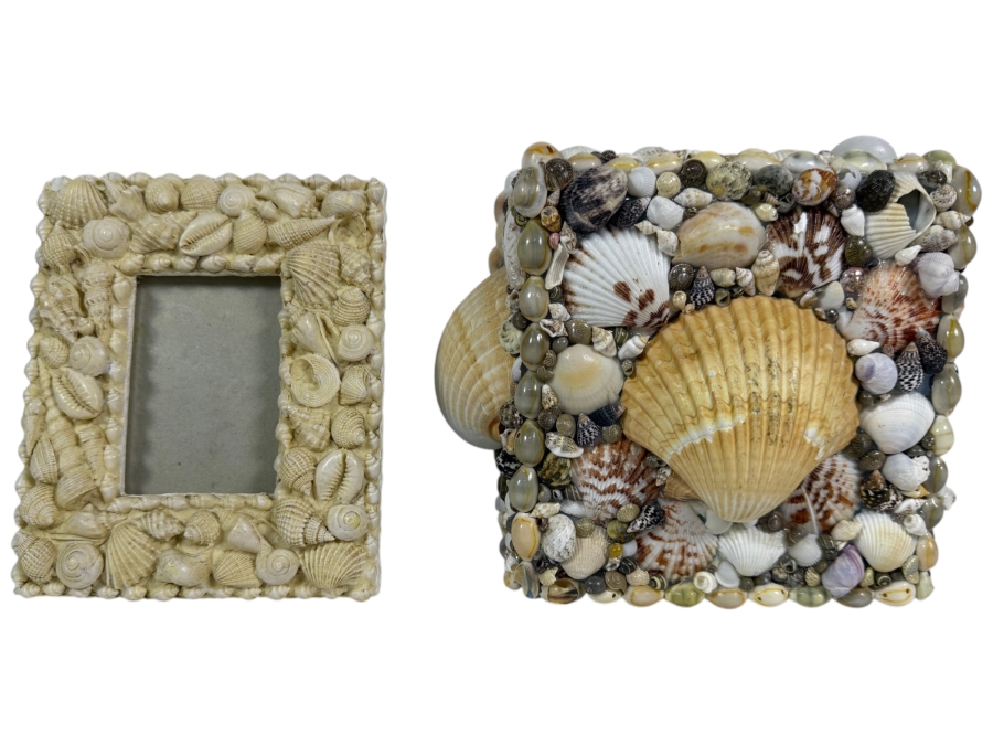 Handcrafted Coastal Tabletop Duo Featuring a Miniature All-White Seashell Picture Frame and a Geometric Shell-Encrusted Tissue Box Cover 6'H