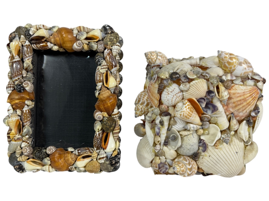 Handcrafted Multi-Tone Earthy Seashell Tabletop Accent Duo Featuring a Glossy Polished Photo Frame and Tissue Box Cover 8'H and 6.5'H