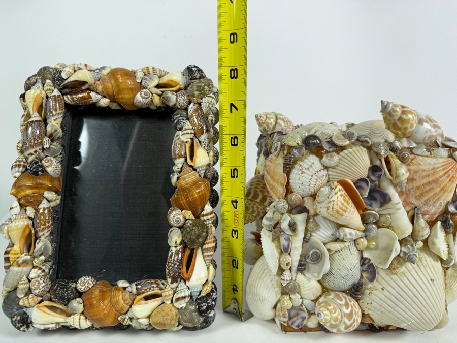 Handcrafted Multi-Tone Earthy Seashell Tabletop Accent Duo Featuring a Glossy Polished Photo Frame and Tissue Box Cover 8'H and 6.5'H [Photo 5]