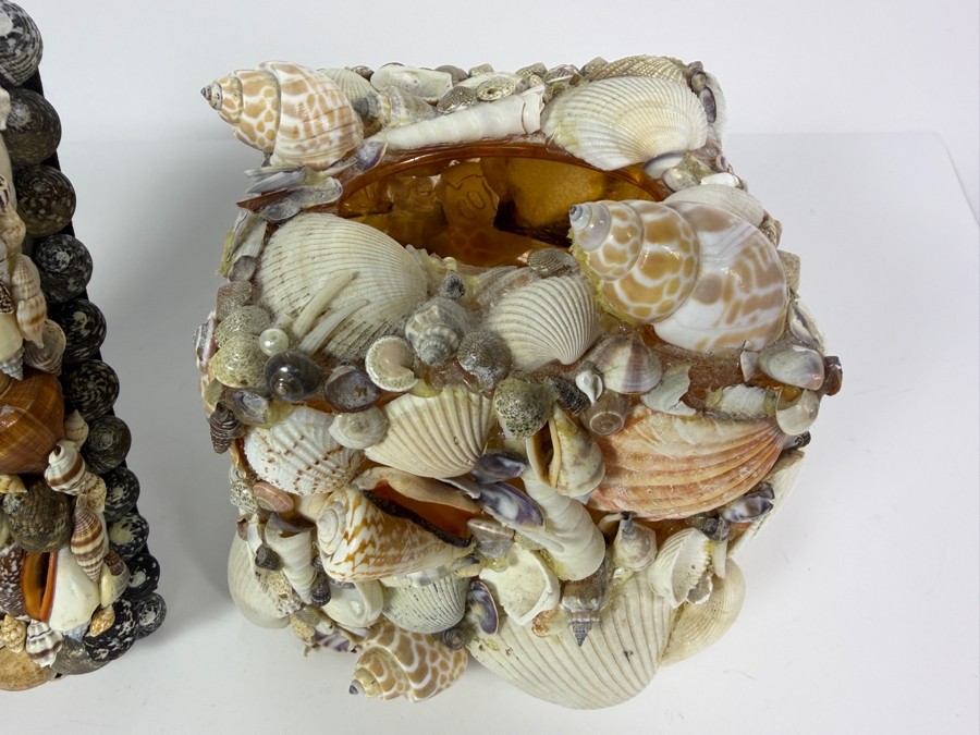 Handcrafted Multi-Tone Earthy Seashell Tabletop Accent Duo Featuring a Glossy Polished Photo Frame and Tissue Box Cover 8'H and 6.5'H [Photo 3]