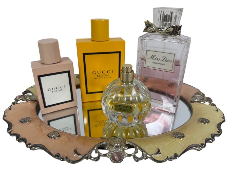 Luxury Vanity Collection Featuring Gucci Bloom, Gucci Bloom Profumo di Fiori, Miss Dior Rose N'Roses, and Tocca Florence Perfumes on an Enameled Tray 12'W X 10'H