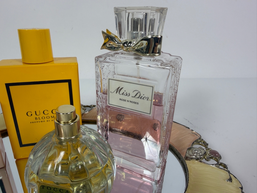 Luxury Vanity Collection Featuring Gucci Bloom, Gucci Bloom Profumo di Fiori, Miss Dior Rose N'Roses, and Tocca Florence Perfumes on an Enameled Tray 12'W X 10'H [Photo 4]