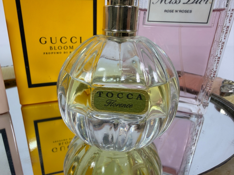 Luxury Vanity Collection Featuring Gucci Bloom, Gucci Bloom Profumo di Fiori, Miss Dior Rose N'Roses, and Tocca Florence Perfumes on an Enameled Tray 12'W X 10'H [Photo 2]