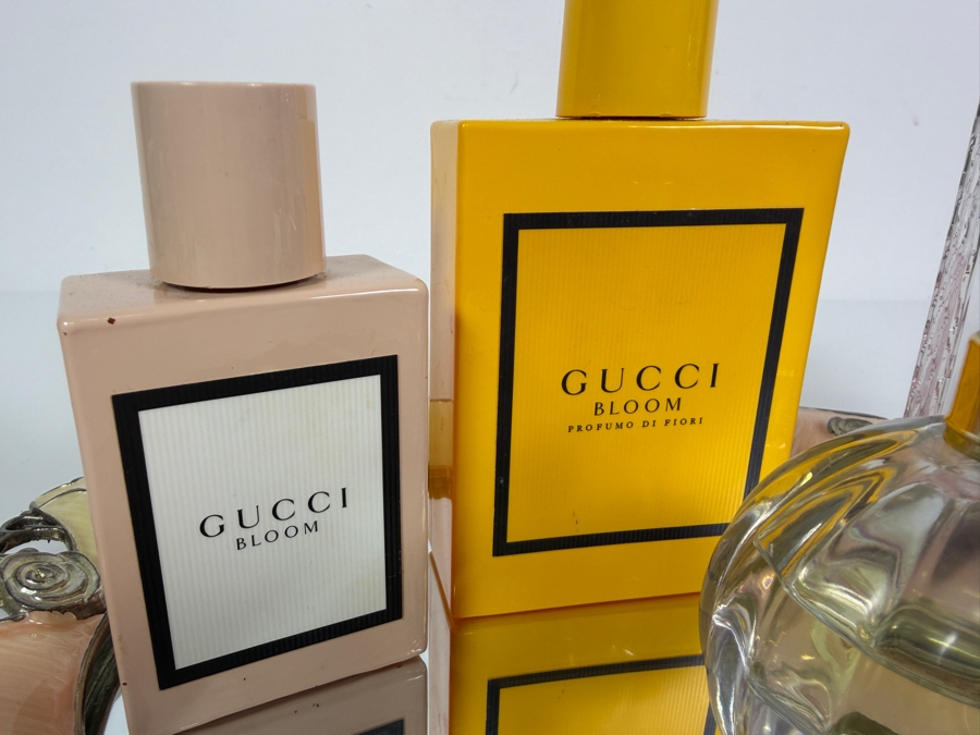 Luxury Vanity Collection Featuring Gucci Bloom, Gucci Bloom Profumo di Fiori, Miss Dior Rose N'Roses, and Tocca Florence Perfumes on an Enameled Tray 12'W X 10'H [Photo 3]