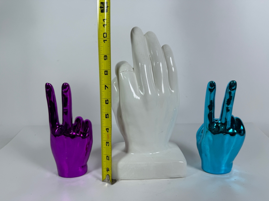 Pop Art Hand Gesture Tabletop Figurines Featuring a Large Glazed Ceramic 'A-OK' Hand and a Pair of Mirror-Chrome Plated 'Victory/Peace' Accents 7' - 11'H [Photo 7]