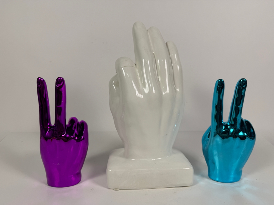 Pop Art Hand Gesture Tabletop Figurines Featuring a Large Glazed Ceramic 'A-OK' Hand and a Pair of Mirror-Chrome Plated 'Victory/Peace' Accents 7' - 11'H [Photo 5]