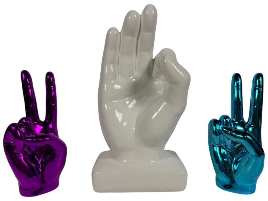 Pop Art Hand Gesture Tabletop Figurines Featuring a Large Glazed Ceramic 'A-OK' Hand and a Pair of Mirror-Chrome Plated 'Victory/Peace' Accents 7' - 11'H