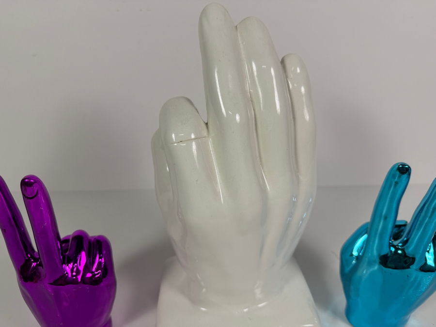 Pop Art Hand Gesture Tabletop Figurines Featuring a Large Glazed Ceramic 'A-OK' Hand and a Pair of Mirror-Chrome Plated 'Victory/Peace' Accents 7' - 11'H [Photo 6]