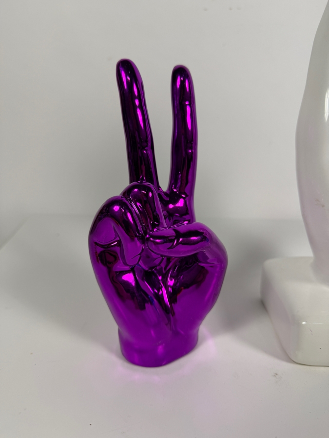 Pop Art Hand Gesture Tabletop Figurines Featuring a Large Glazed Ceramic 'A-OK' Hand and a Pair of Mirror-Chrome Plated 'Victory/Peace' Accents 7' - 11'H [Photo 4]