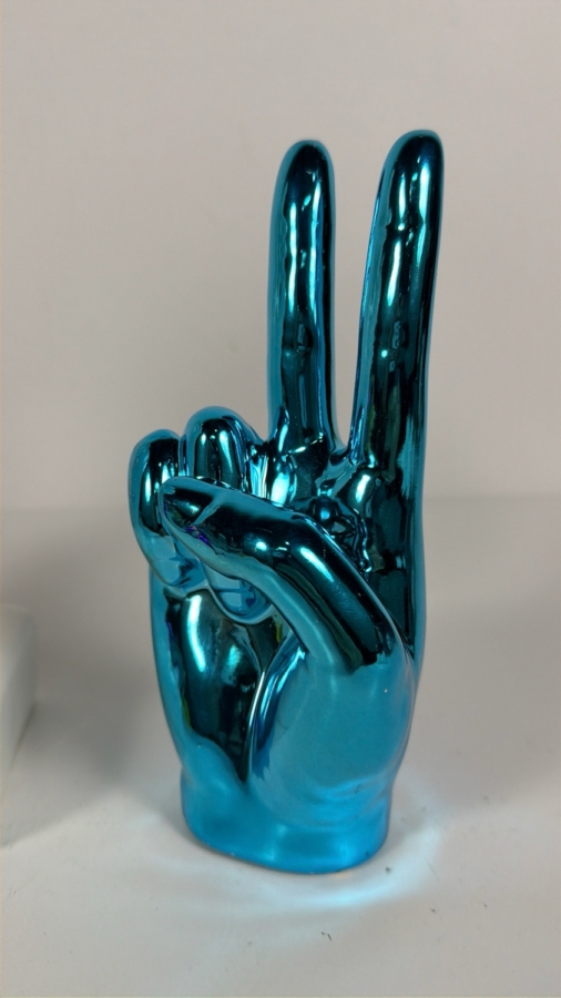 Pop Art Hand Gesture Tabletop Figurines Featuring a Large Glazed Ceramic 'A-OK' Hand and a Pair of Mirror-Chrome Plated 'Victory/Peace' Accents 7' - 11'H [Photo 3]