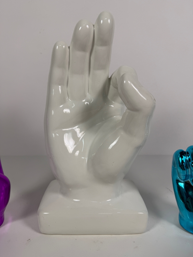 Pop Art Hand Gesture Tabletop Figurines Featuring a Large Glazed Ceramic 'A-OK' Hand and a Pair of Mirror-Chrome Plated 'Victory/Peace' Accents 7' - 11'H [Photo 2]