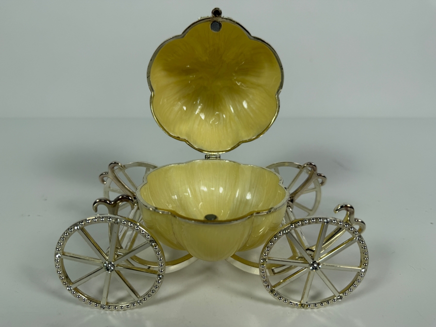 Authentic VI N VI Fine Enameled Cinderella Pumpkin Carriage Crystal Trinket Box Featuring Moving Rhinestone Wheels 6'W X 4.5'H [Photo 6]