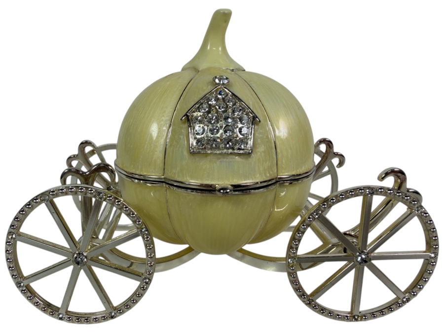 Authentic VI N VI Fine Enameled Cinderella Pumpkin Carriage Crystal Trinket Box Featuring Moving Rhinestone Wheels 6'W X 4.5'H