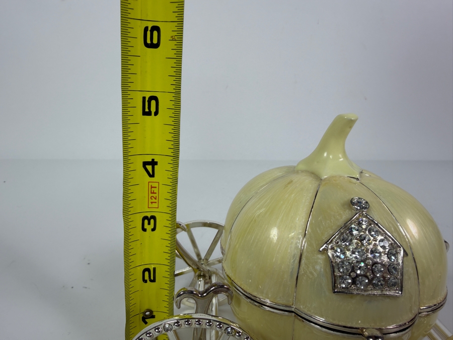 Authentic VI N VI Fine Enameled Cinderella Pumpkin Carriage Crystal Trinket Box Featuring Moving Rhinestone Wheels 6'W X 4.5'H [Photo 9]