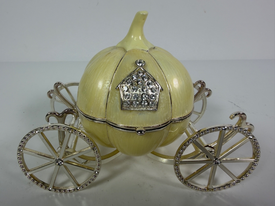 Authentic VI N VI Fine Enameled Cinderella Pumpkin Carriage Crystal Trinket Box Featuring Moving Rhinestone Wheels 6'W X 4.5'H [Photo 2]