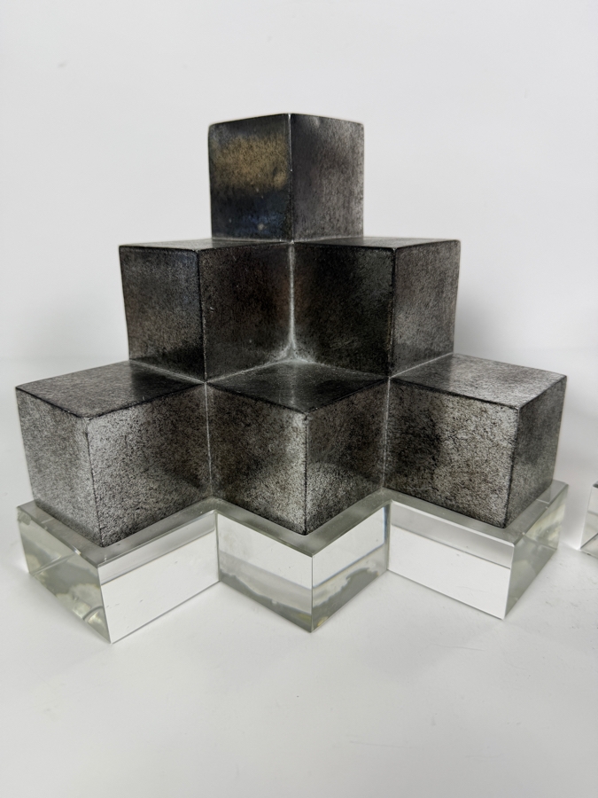 Authentic Uttermost 'Valerio' Silver and Crystal Geometric Architectural Bookends Designed by David Frisch Retails $252 12'W X 6.75'H [Photo 6]