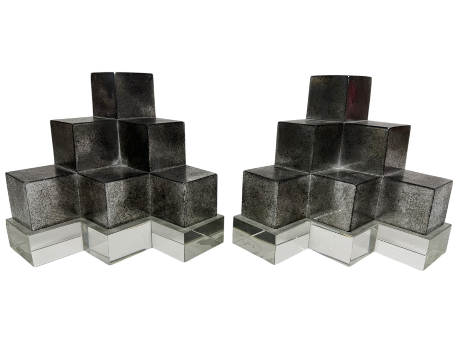 Authentic Uttermost 'Valerio' Silver and Crystal Geometric Architectural Bookends Designed by David Frisch Retails $252 12'W X 6.75'H [Photo 2]