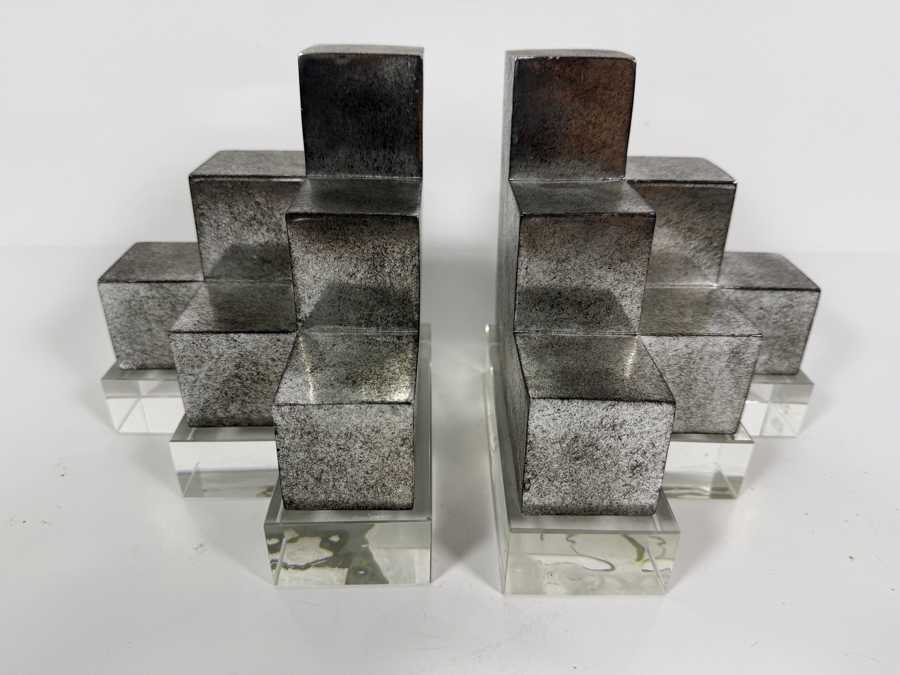 Authentic Uttermost 'Valerio' Silver and Crystal Geometric Architectural Bookends Designed by David Frisch Retails $252 12'W X 6.75'H [Photo 3]