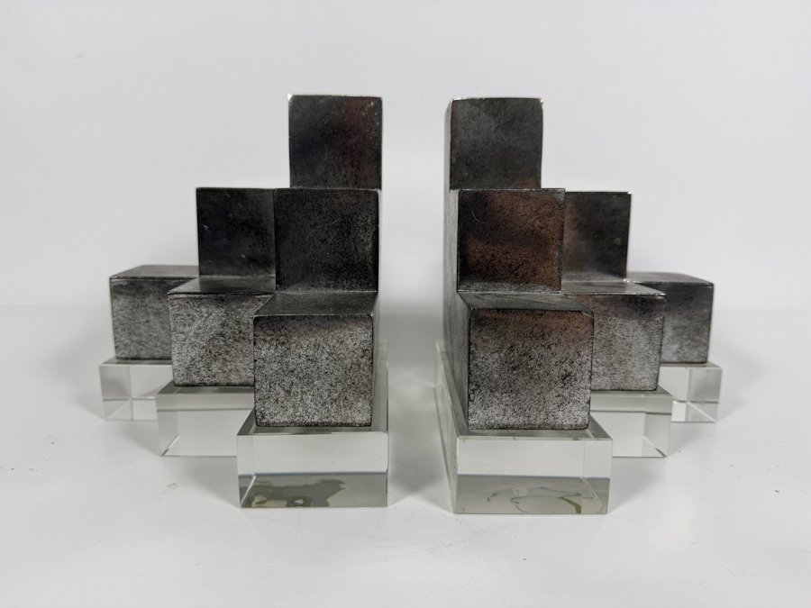 Authentic Uttermost 'Valerio' Silver and Crystal Geometric Architectural Bookends Designed by David Frisch Retails $252 12'W X 6.75'H [Photo 5]