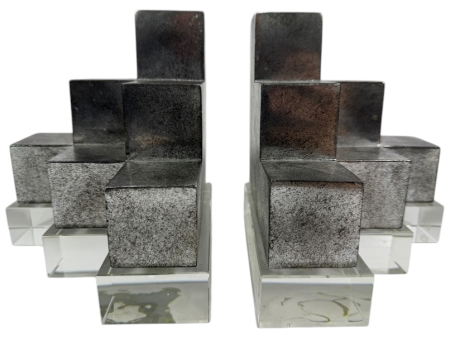 Authentic Uttermost 'Valerio' Silver and Crystal Geometric Architectural Bookends Designed by David Frisch Retails $252 12'W X 6.75'H
