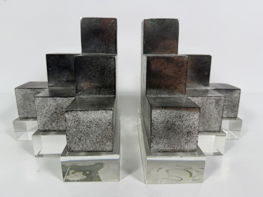 Authentic Uttermost 'Valerio' Silver and Crystal Geometric Architectural Bookends Designed by David Frisch Retails $252 12'W X 6.75'H [Photo 4]