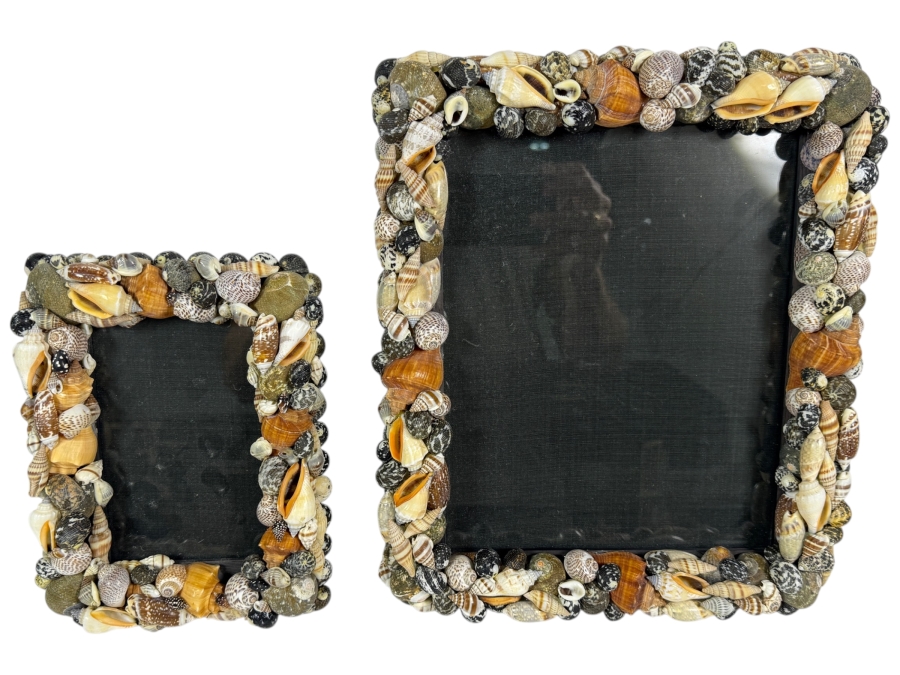 Coordinating Pair of Artisan Handcrafted Seashell Mosaic Tabletop Photo Frames 8'H and 12'H
