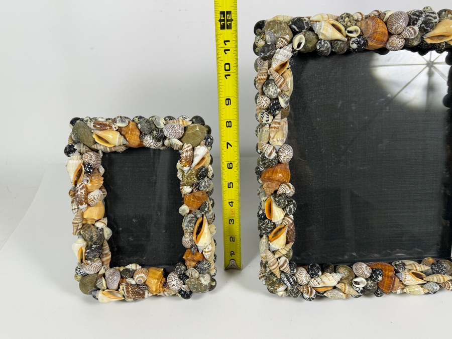 Coordinating Pair of Artisan Handcrafted Seashell Mosaic Tabletop Photo Frames 8'H and 12'H [Photo 5]