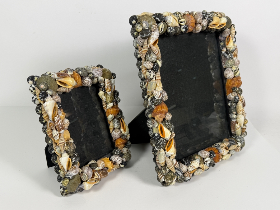 Coordinating Pair of Artisan Handcrafted Seashell Mosaic Tabletop Photo Frames 8'H and 12'H [Photo 4]