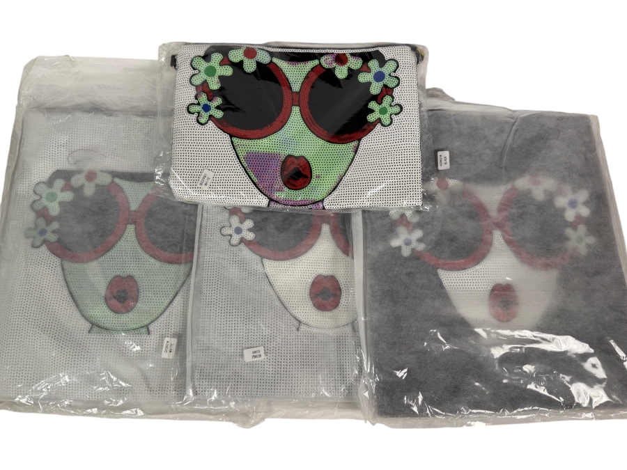 Lot of 4 Brand New Factory-Sealed Pop Art Glam 'Diva Face' Sequin Envelope Clutch Crossbody Handbags