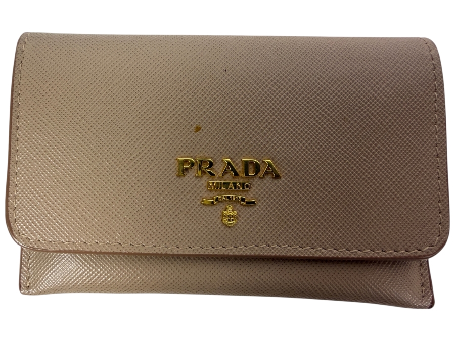 Authentic Prada Saffiano Metal Leather Small Tri-Fold Compact Wallet in Cammeo Beige 4.5'W X 3.75'H