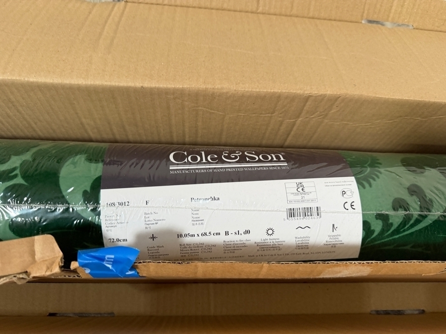 Cole & Son 'Petrouchka' Green and Emerald Flocked Velvet Damask Wallpaper Pattern 108/3012 - Three Brand New Factory Sealed Rolls Retail $1,100 [Photo 6]