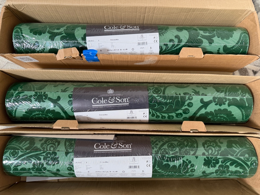 Cole & Son 'Petrouchka' Green and Emerald Flocked Velvet Damask Wallpaper Pattern 108/3012 - Three Brand New Factory Sealed Rolls Retail $1,100