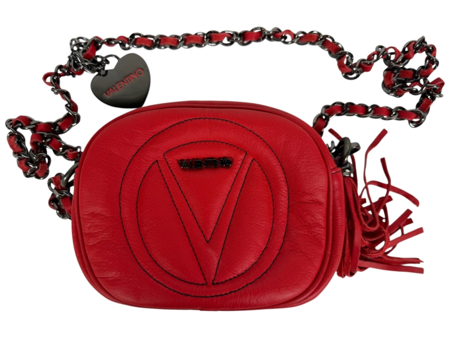 Valentino by Mario Valentino 'Mia' (or 'Nina') Red Calfskin Leather Crossbody Bag with Gunmetal Interwoven Chain Strap, Heart Logo Charm, and Fringe Tassel Accent 8'W X 6'H