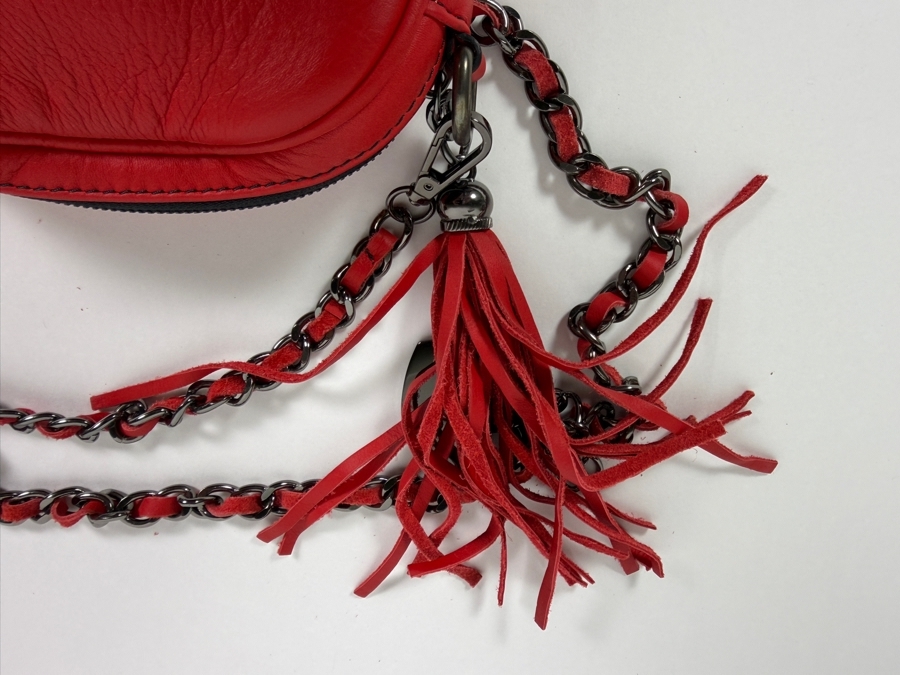 Valentino by Mario Valentino 'Mia' (or 'Nina') Red Calfskin Leather Crossbody Bag with Gunmetal Interwoven Chain Strap, Heart Logo Charm, and Fringe Tassel Accent 8'W X 6'H [Photo 5]